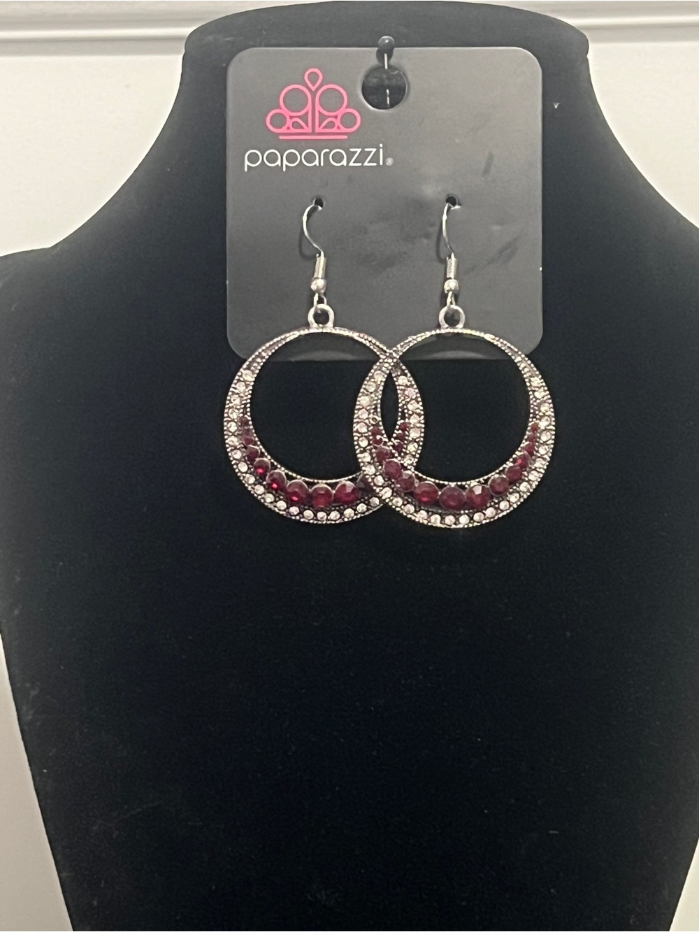 Paparazzi Silver Hoop Earrings with Ruby-Tone Crystals